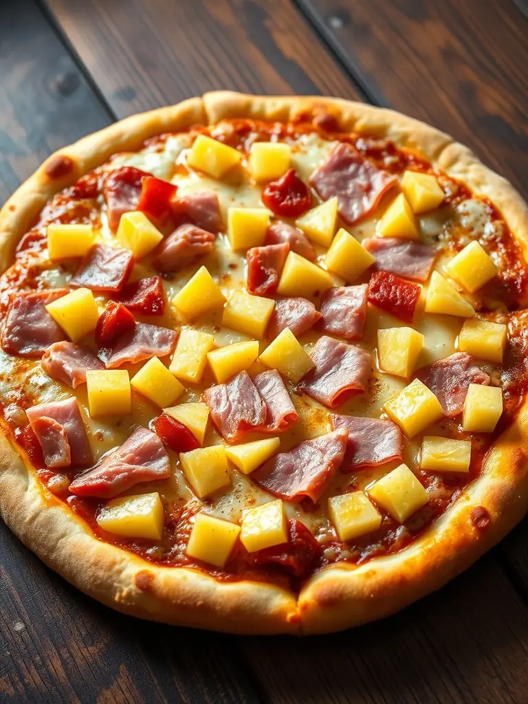 A mouth-watering image of a Hawaiian pizza with ham and pineapple, showcasing the sweet and savory combination available at Freshslice Pizza.