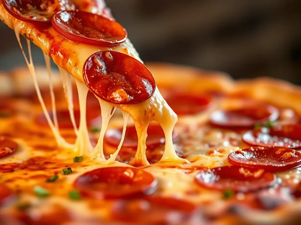 A close-up shot of a Freshslice Pizza Pepperoni, emphasizing the crispy pepperoni slices, melted cheese, and golden-brown crust. The image should convey a sense of warmth and comfort.
