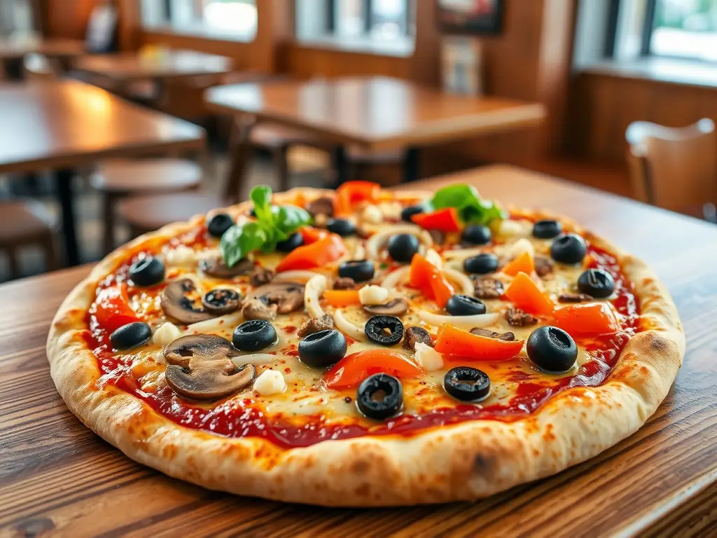 An enticing image of a Freshslice Pizza Vegetarian, showcasing a colorful assortment of fresh vegetables, including bell peppers, onions, mushrooms, and olives, arranged artfully on a bed of melted cheese.