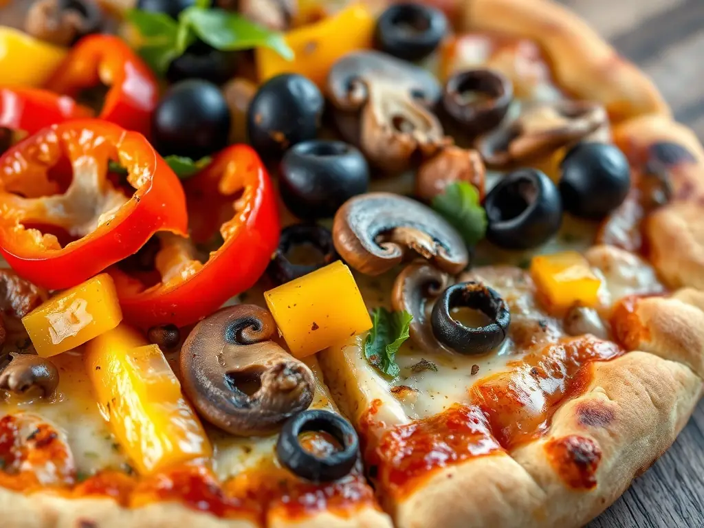 An enticing photo of a Freshslice Pizza Vegetarian, showcasing a colorful assortment of fresh vegetables such as bell peppers, onions, mushrooms, and olives on a delicious pizza.