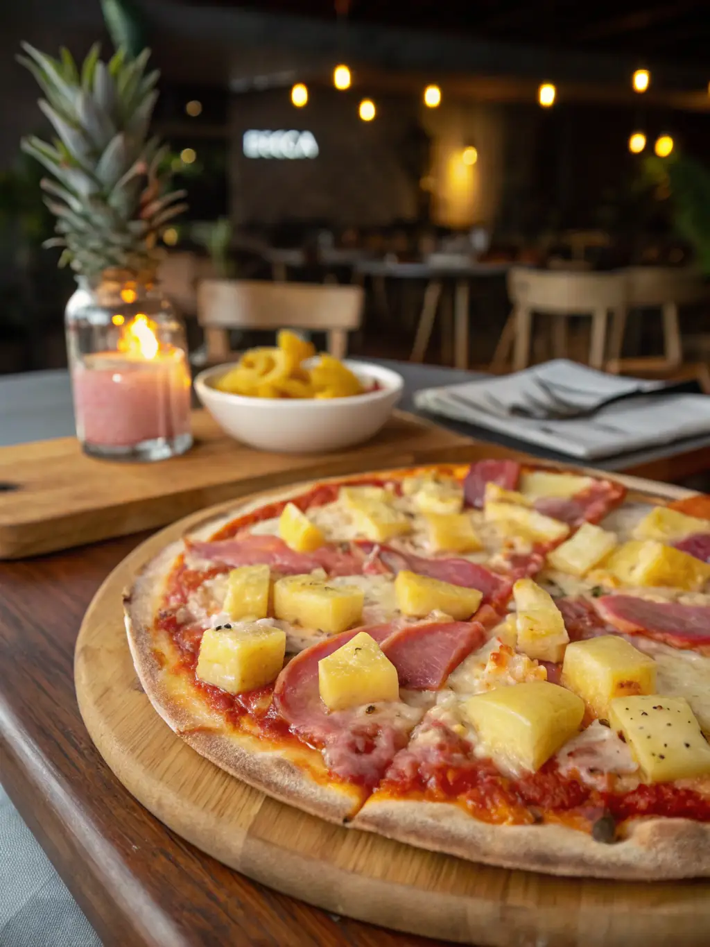 A tempting image of a Freshslice Pizza Hawaiian pizza, featuring ham and pineapple chunks on a cheesy base.
