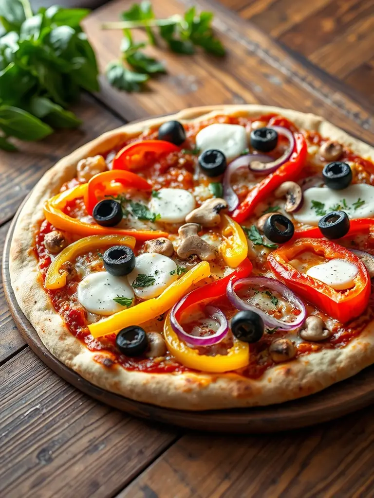 A vibrant image of a Freshslice Pizza Veggie pizza, loaded with colorful vegetables like bell peppers, onions, mushrooms, and olives.