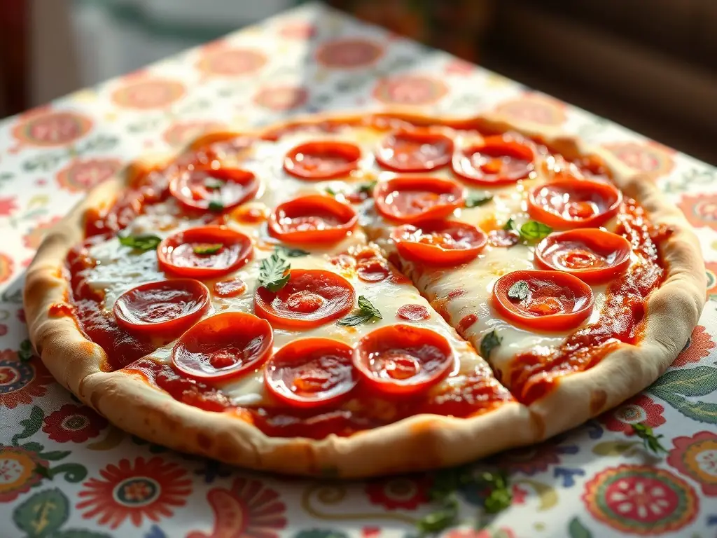 A mouthwatering image of a Freshslice Pizza Pepperoni, highlighting the generous layer of pepperoni slices covering the melted cheese on a hand-tossed crust.