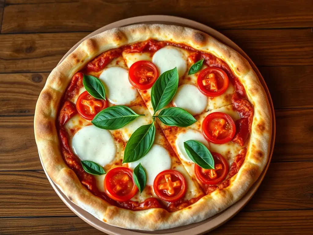 A vibrant, overhead shot of a Freshslice Pizza Margherita, showcasing its fresh basil leaves, ripe tomato slices, and melted mozzarella cheese on a perfectly crisp crust. The lighting should highlight the vibrant colors and textures of the ingredients.